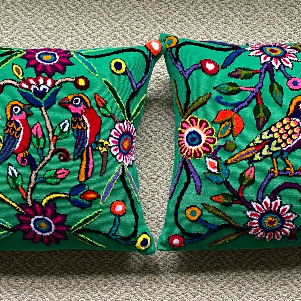 Never Used New Green Embroidered Parrot Accent Pillows with Multicolor Stitching